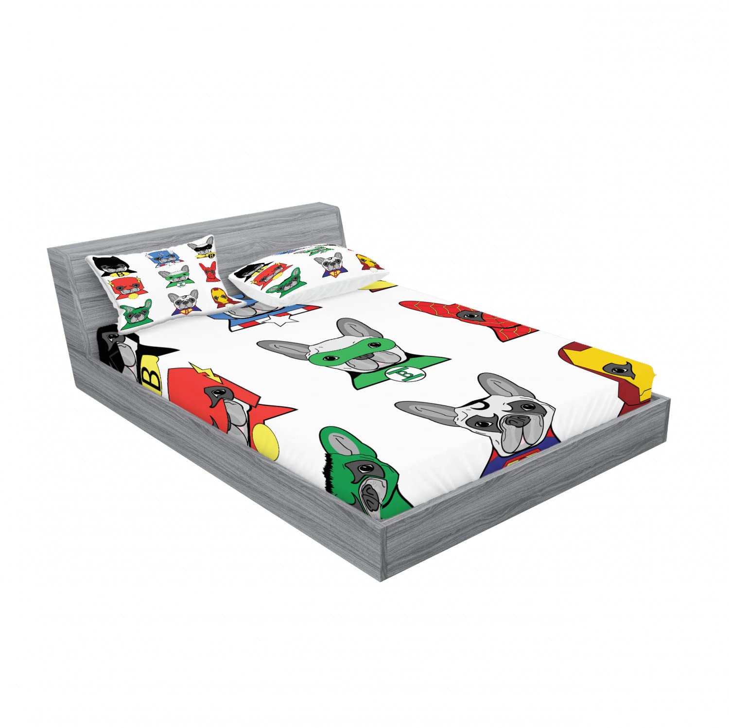 Ambesonne Superhero Fitted Sheet & Pillow Sham Set, Bulldog Superheroes Fun Cartoon Puppies in Disguise Costume Dogs Print, Decorative Printed 6 Piece Bedding Decor Set, King, Green White