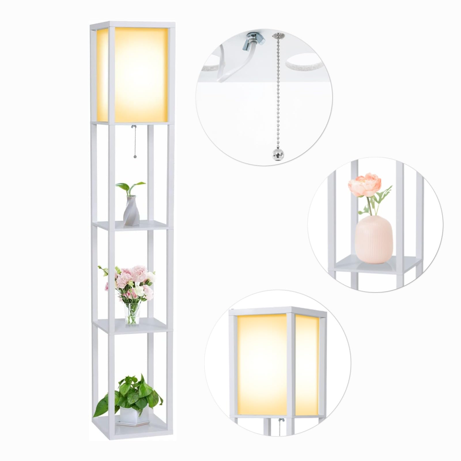 YU YUSING Lampada da Terra con Scaffale in Legno, Piantana con 3 Ripiani