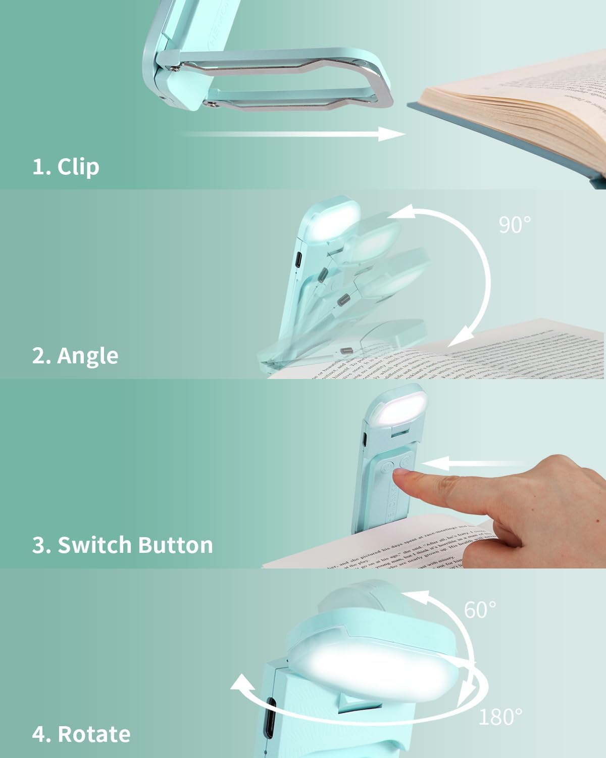 HEMONNKAM Lampada da lettura per libri, ricaricabile con clip, 3 temperature di colore e 5 livelli di luminosità, uso notturno per letto, lunga durata, lettura di notte a letto, azzurro