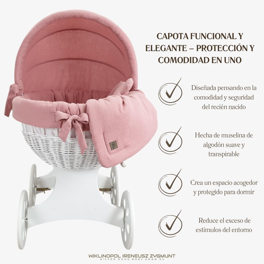 Wiklinopol Moisés de Mimbre para Bebé con Soporte de Madera y Ruedas Annabell – Cuna con Colchón y Ropa de Cama 5 Piezas Muselina Rosa – Cochecito Blanco para Recién Nacido