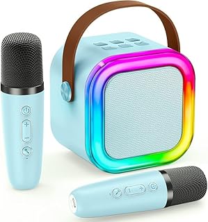 مكبر صوت كاريوكي محمول مع ميكروفون لاسلكي وإضاءة ار جي بي وصوت بدون فقدان من ميرف، موديل K-22 (لون أزرق)