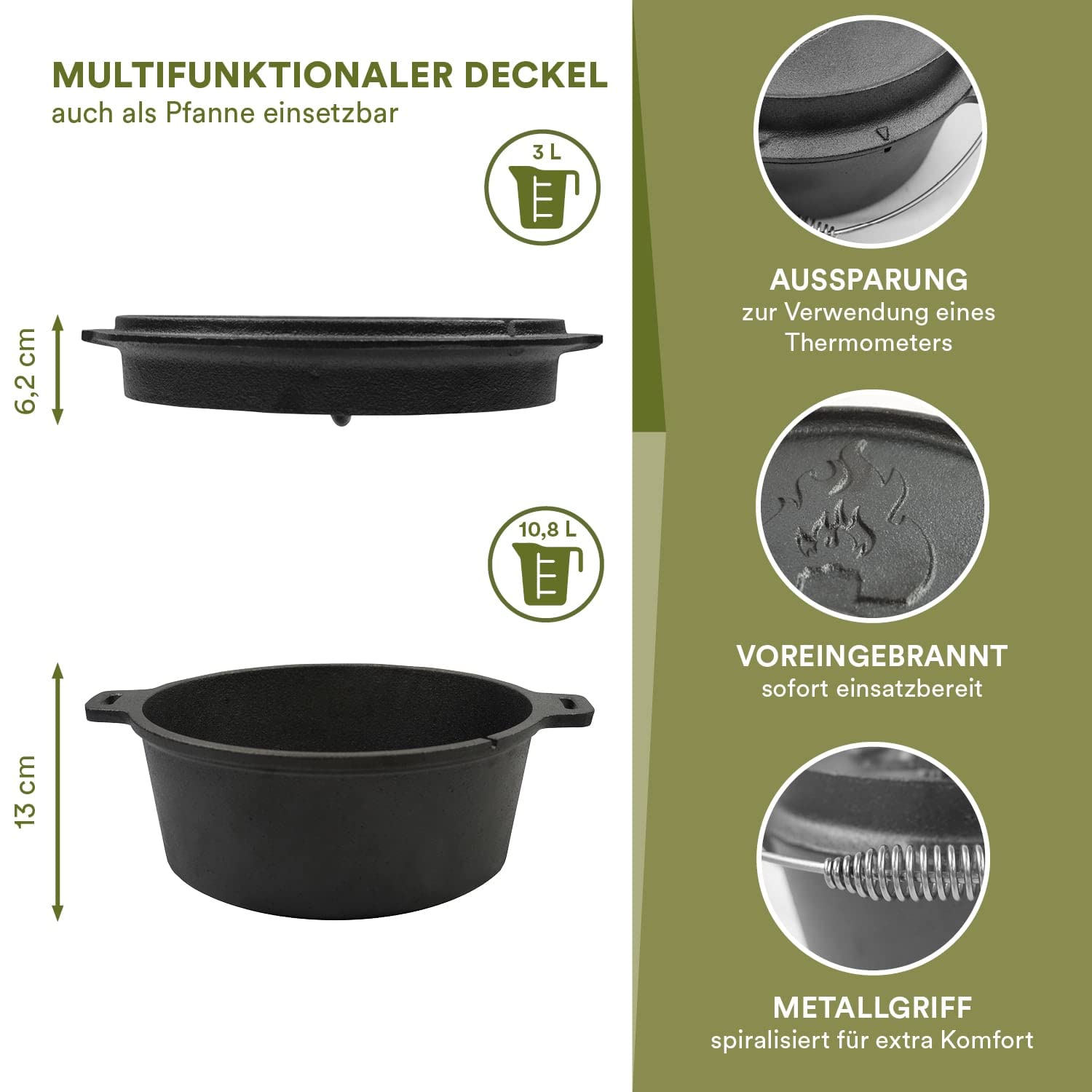 Skandika Dutch Oven Flame Master 5,1-13,8 L | Faitout Marmite en fonte avec couvercle, avec/sans pieds, lève-couvercle et sac | Four hollandais, barbecue, camping (13,8 litres, Sans pieds)