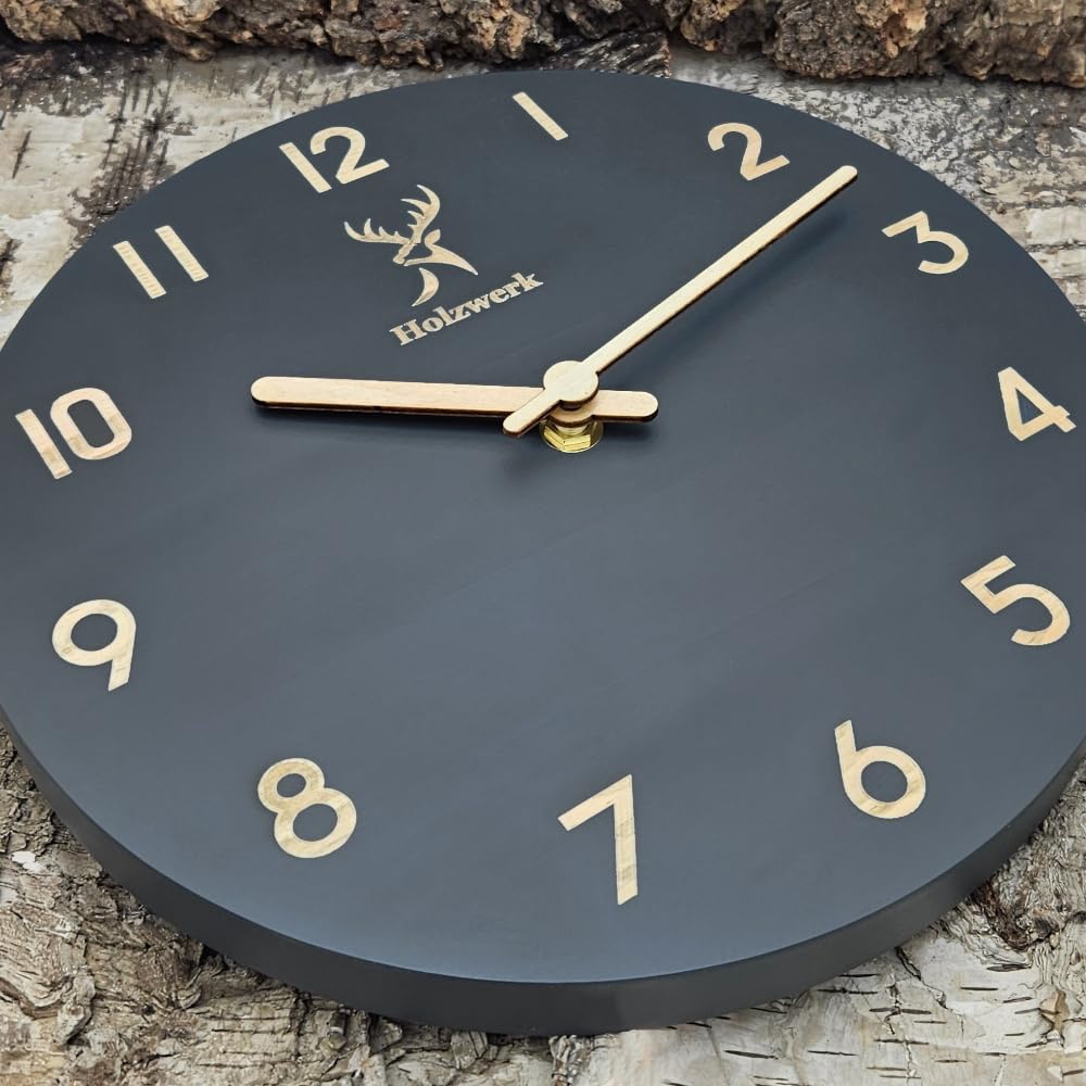 Holzwerk Natur Wanduhr Holz-Uhr Vintage lautloses Uhrwerk ohne Tickgeräusche Braun lautlos aus handgefertigtem Massivholz Natur Holz Grau Braun mit Hirsch Motiv