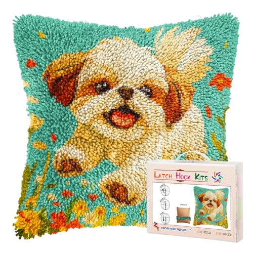 DIY Latch Hook Pillow Kits for Adults Cute Shih Tzu Dog Running in Flowers Printed Pillowcase Crochet Yarns Hooking Handmade Pillow Cover Cushion for Home Sofa Decoration 17x17inch-19