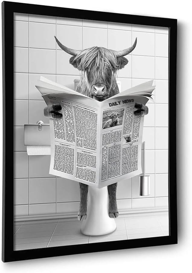 Framed Bathroom Decor, Highland Cow Wall Art in Picture Frame, Funny Bathroom Wall Art Signs, Black and White Canvas Print Ready to Hang (Framed,11''x14'')