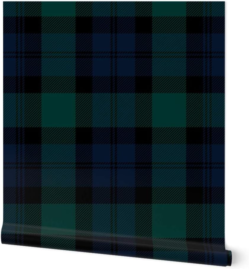 Spoonflower Commercial Grade Wallpaper 27ft x 2ft - Dark Tartan Traditional Plaid Large Scale Green Classic Black Traditional Wallpaper