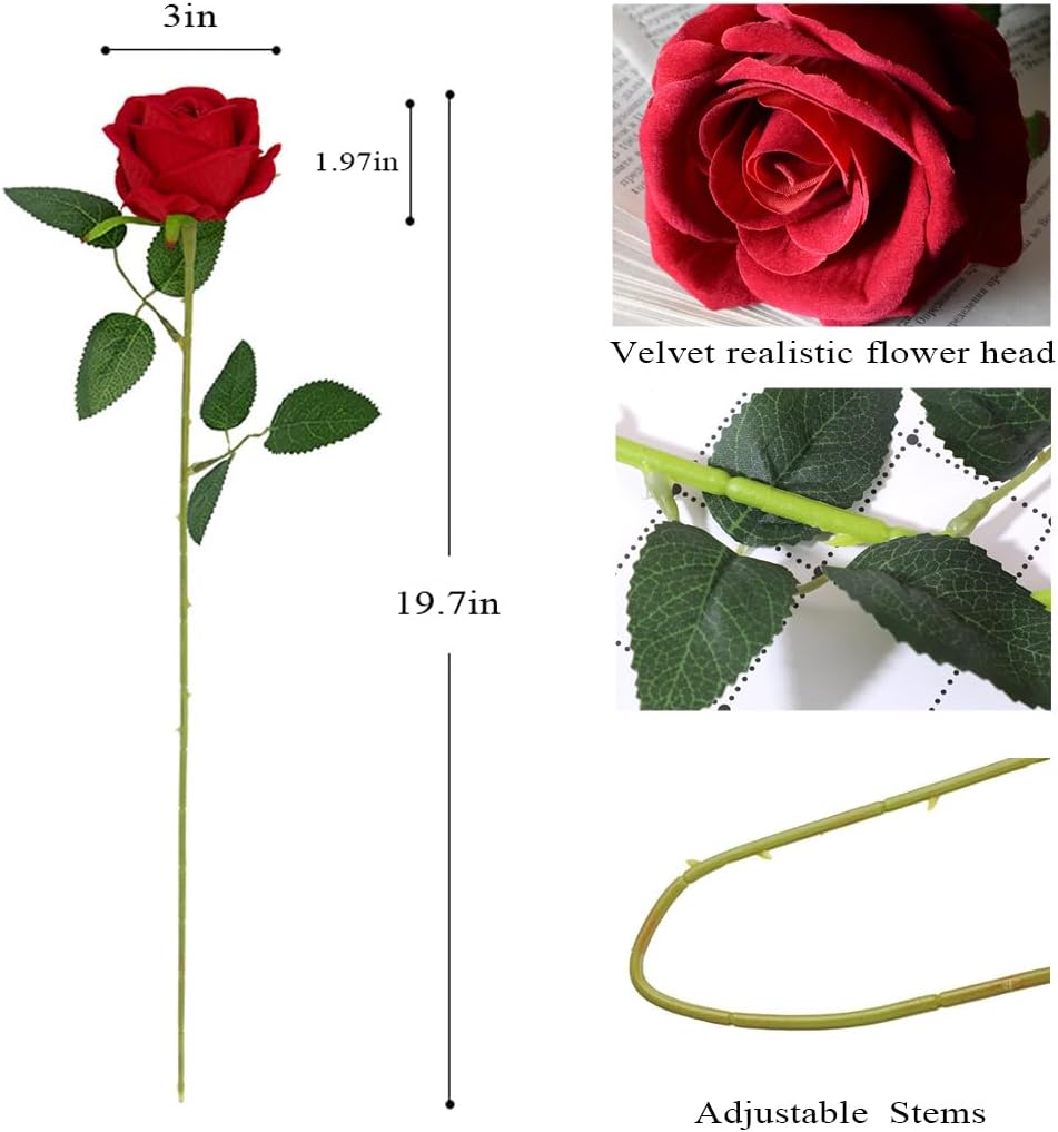 Jasion 50PCS Artificial Roses Realistic Velvet Silk Fake Flowers Long Stem Faux Flowers Bouquet for Wedding Home Party Table Centerpieces Decoration (Red) - Image 2
