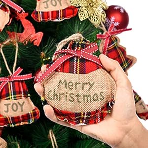 12 pieces rustic christmas burlap tree ornaments farmhouse christmas decorations red black buffalo plaid christmas stocking tree ball shaped hanging decoration for holiday xmas party  urban country home decor