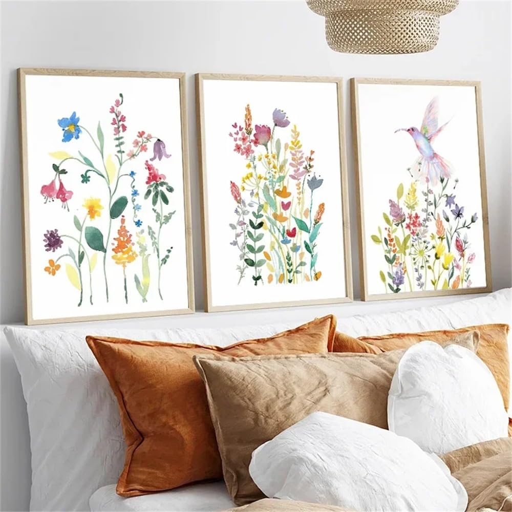 WUHBCZ Art Pictures-Abstract Colorful Wildflower Poster Watercolor Flower Canvas Painting Nordic Plant Print Picture Living Kitchen Room Wall Art Home Decoration-50 * 70cm/3PCS (No Frame)