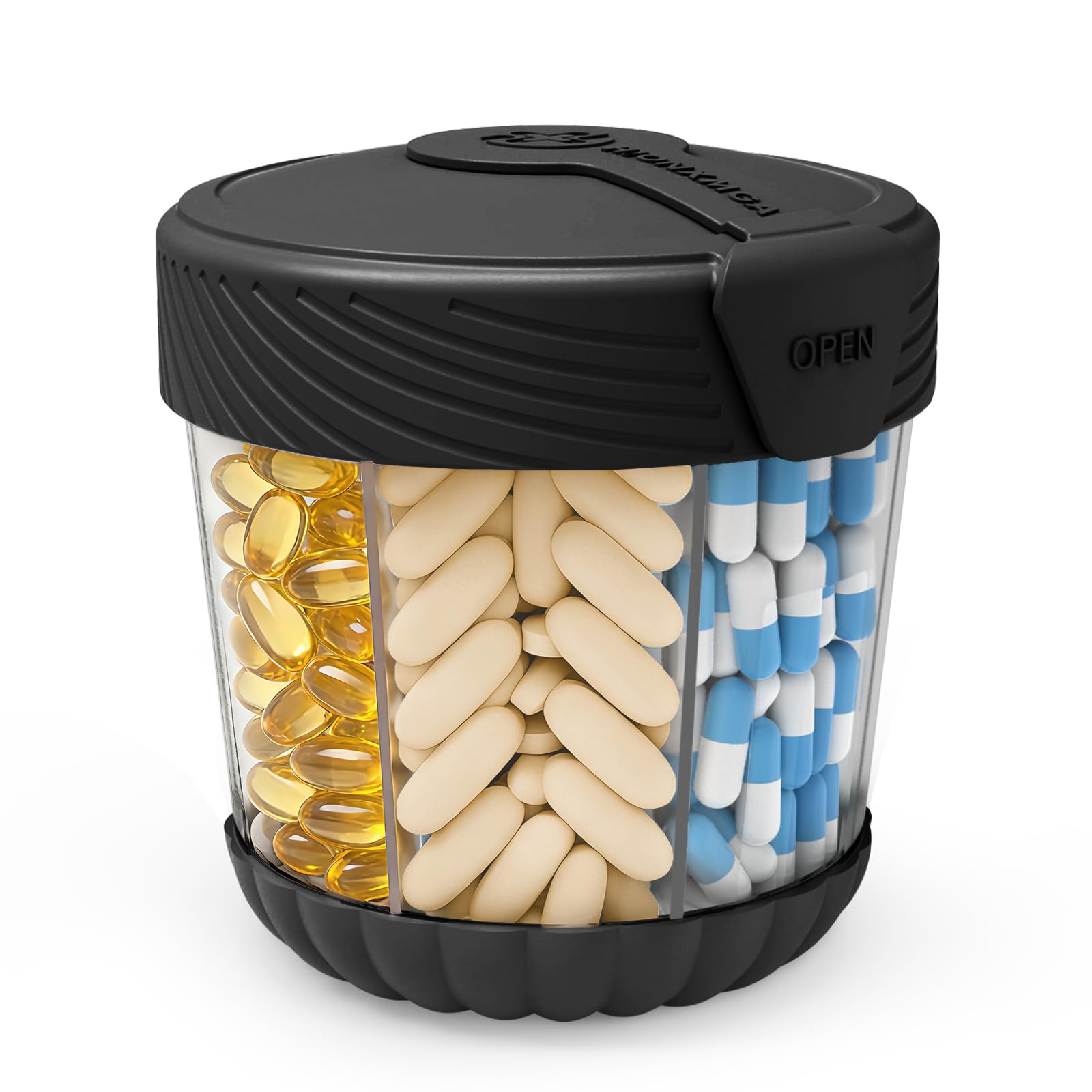 HIONXMGA Large Pill Dispenser Portable Pill Bottle Organizer for 7 Vitamins Anti-Mix Supplement Organizer with Easy Twist Wide