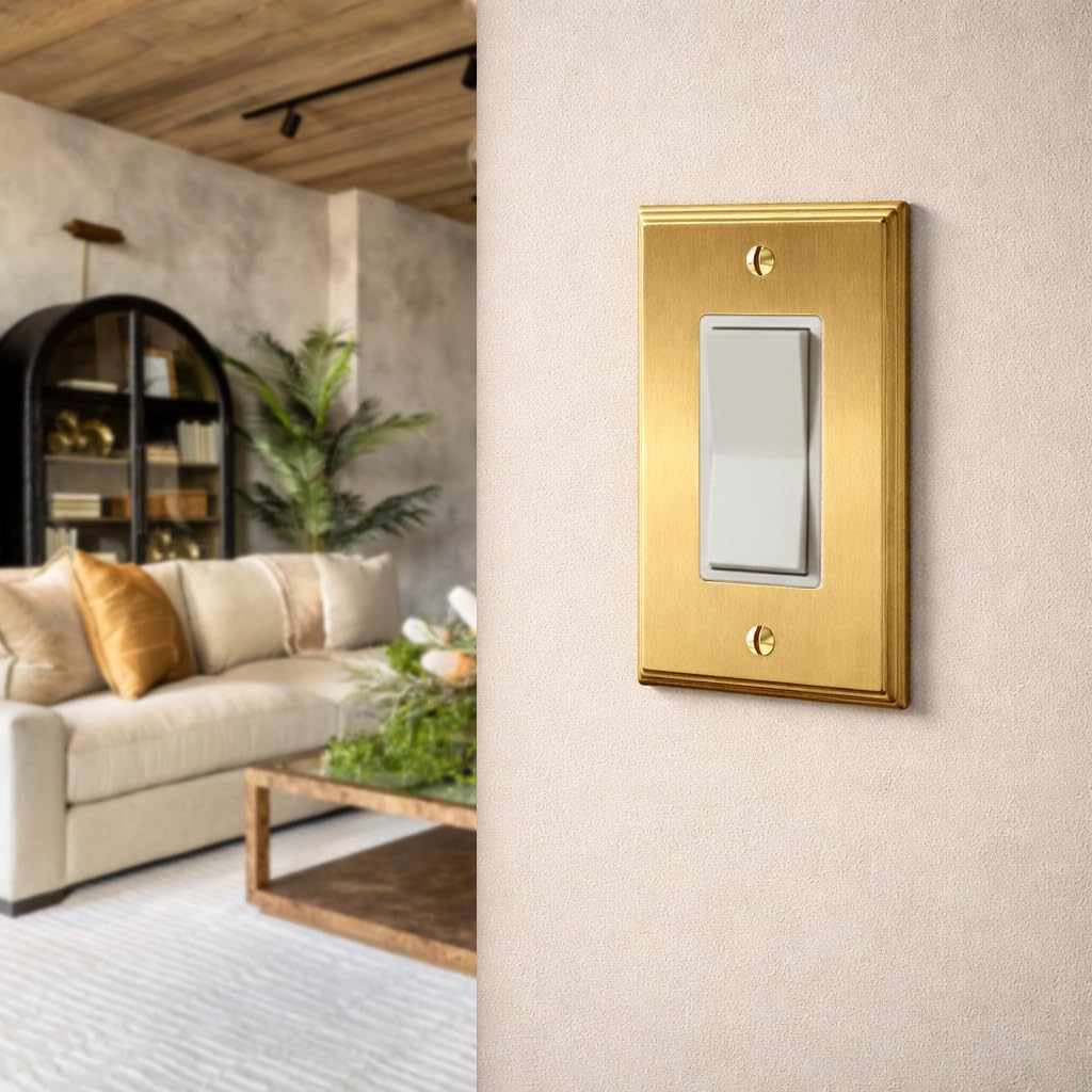 Rio Salto MIDSIZE BRASS Deco Collection Brushed Brass Gold Rocker Light Switch Wall Plate Outlet Cover Metal Single Wallplate Metal Decorative Covers, Premium 3.13" x 4.94"