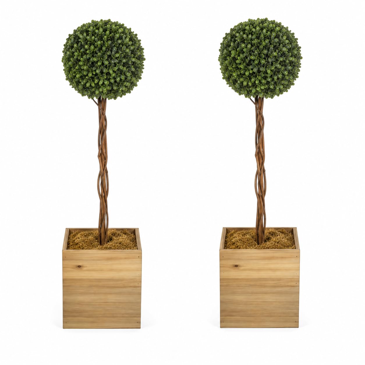 86cm Artificial Topiary Ball Trees – Pack of 2 | Boxwood Topiary in Wooden Planters | Indoor & Outdoor Doorway Décor
