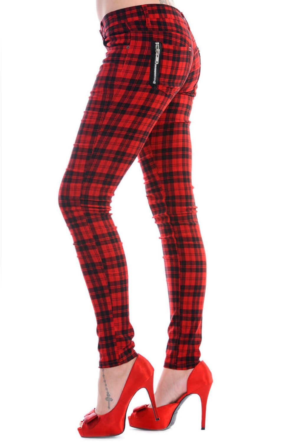 Banned Women's Red Tartan Plaid Check Emo Punk Skinny Trousers, Red, (2XL/36/UK 18)