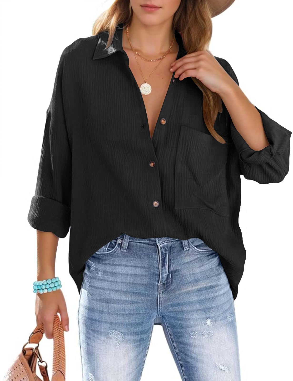 Xnova Chemisier Oversize Femme à Manches Longues, Décontractée Coton Blouse Top avec Poche, T-Shirt Col en V Chic et Élégant Chemise Ample à Boutons