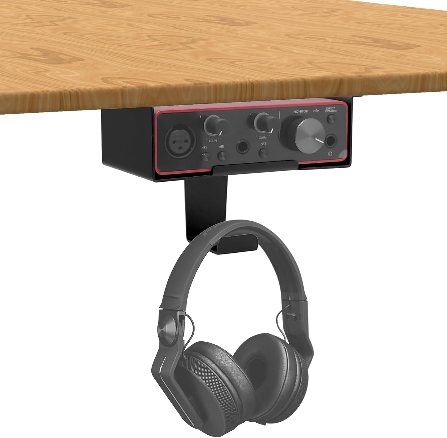 Under Desk Mount for Focusrite Scarlett Solo 3rd Gen/Solo 4th Gen with Headphone Hanger Stand,Under Desk Metal Shelf Organizer for Audio Interfaces and Studio Gear (Black Holder Only)