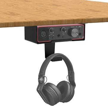 Under Desk Mount for Focusrite Scarlett Solo 3rd Gen/Solo 4th Gen with Headphone Hanger Stand,Under Desk Metal Shelf Organizer for Audio Interfaces and Studio Gear Black Holder Only