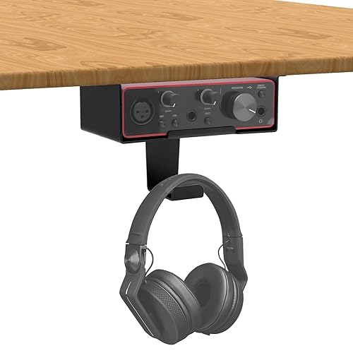 FSNIWEKO Under Desk Mount for Focusrite Scarlett Solo 3rd Gen/Solo 4th Gen with Headphone Hanger Stand,Under Desk Metal Shelf Organizer for Audio Interfaces and Studio Gear (Black Holder Only)