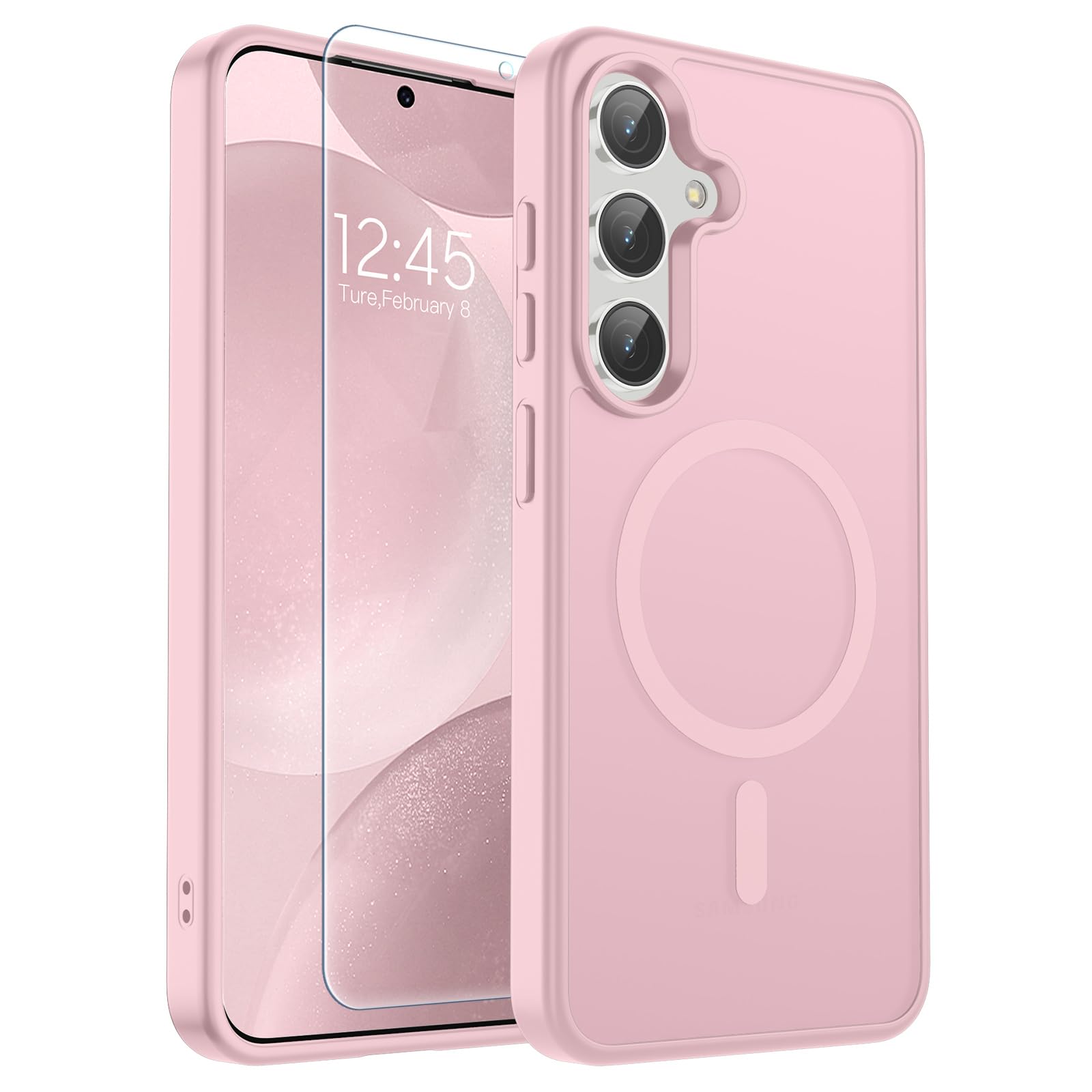SUPFINE Magnetic for Samsung Galaxy S24 Plus Case / S25 Plus Case with Screen Protector, (Built-in Magnets) (Military Grade Drop Protection) Slim Translucent Shockproof Phone Case,Pink