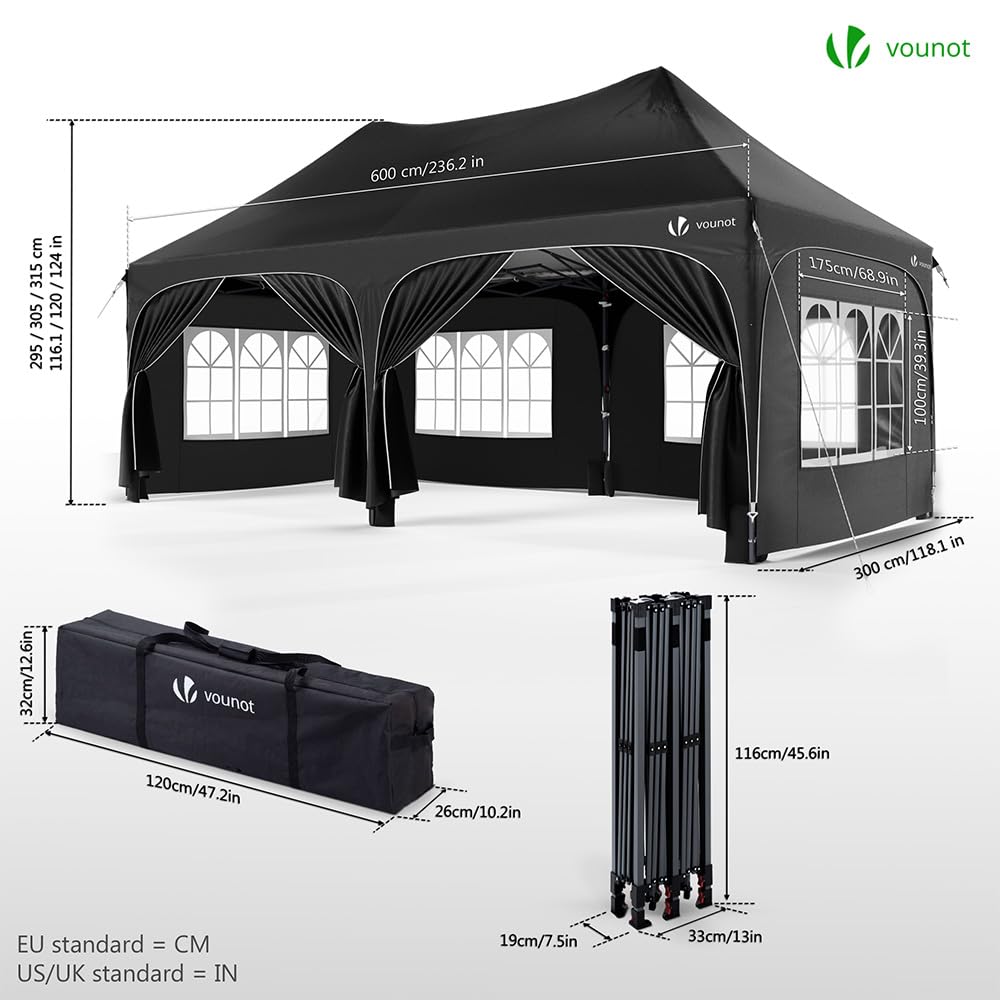 VOUNOT® Gazebo Pieghevole 3x6m Impermeabile con 6 Pareti Laterali Nero