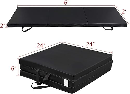 Miniatura 3 de Colchoneta plegable de tres pliegues de 6 pies, esterilla de gimnasia para gimnasio, aeróbicos con asas de transporte para estirar, yoga, artes