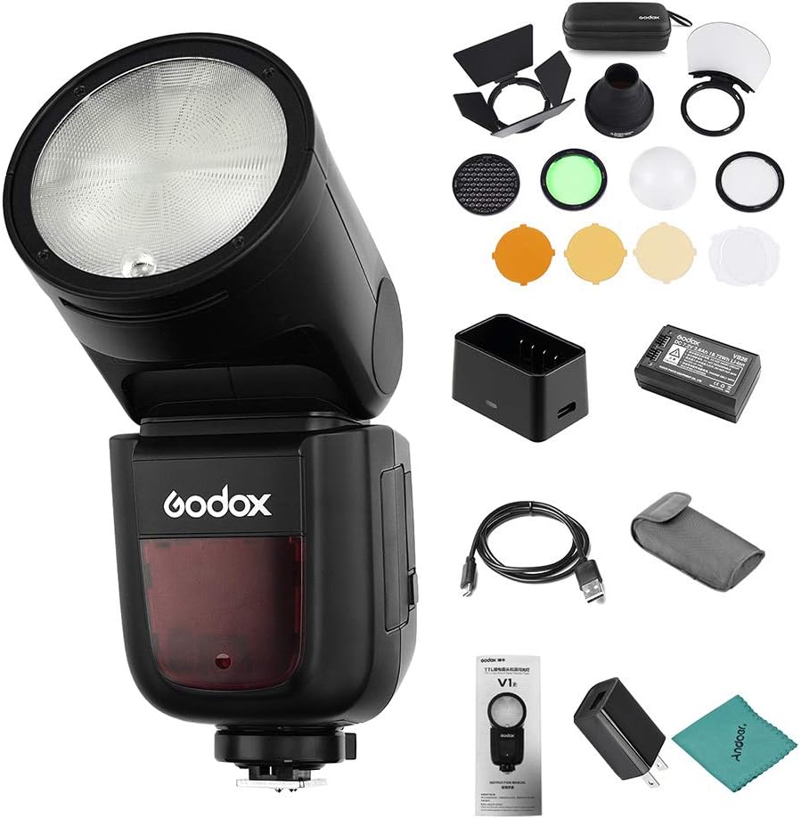 Best Cyber Monday 🔥 Godox V1F Camera Flash Speedlite Speedlight Round Head Wireless 2.4G Fresnel Zoom Compatible with Fujifilm X-T20 X-T2 X-T1 GFX50S GFX50R Camera for Photography + Godox AK-R1 Pocket Flash Light Access