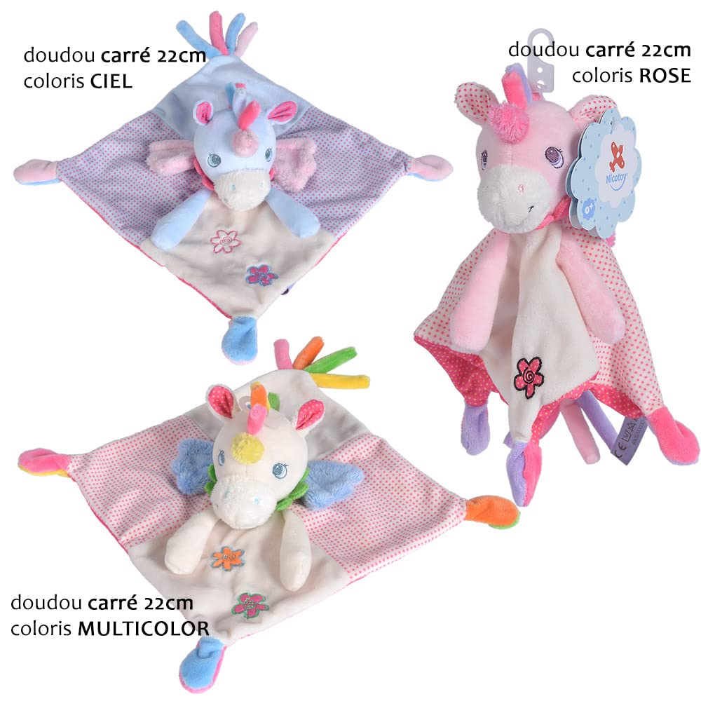 Doudou Licorne personnalisé avec Le prénom de bébé, en Velours Doux, Cadeau de Naissance baptême (Ciel Forme carré)