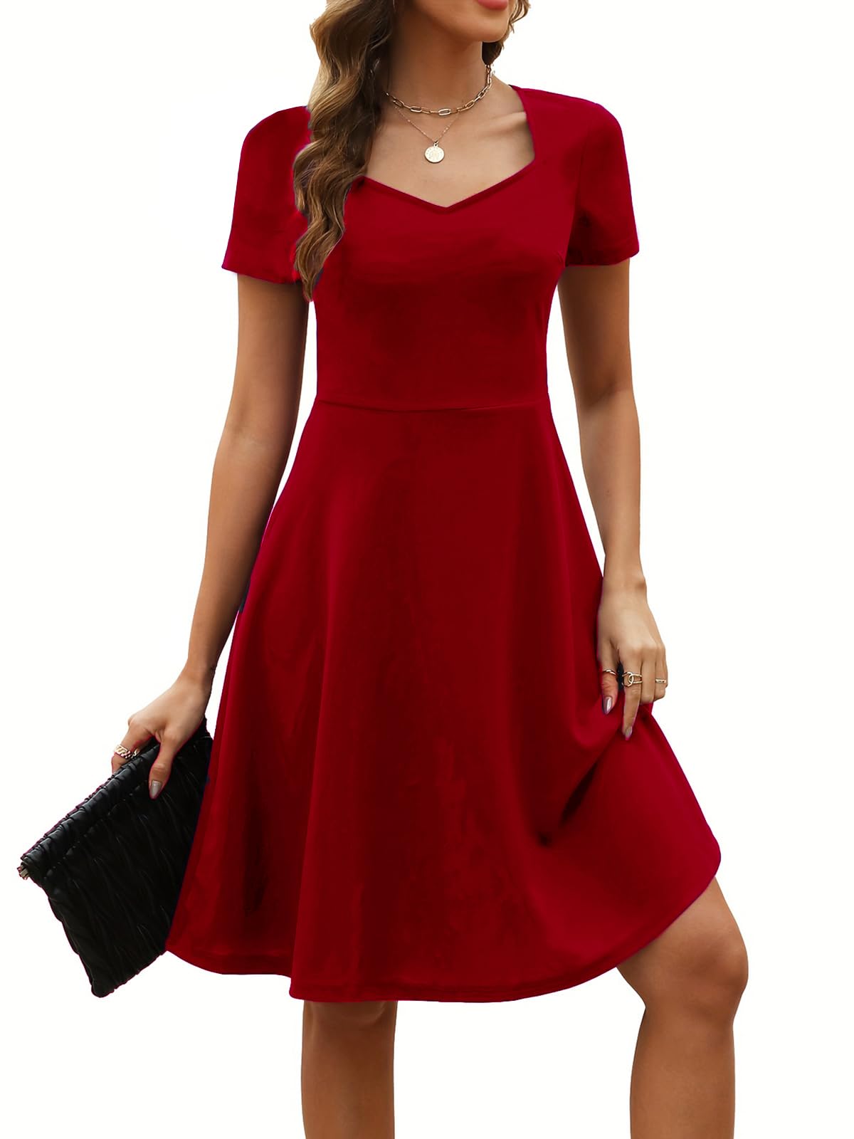 Women's Elegant Vintage Summer Sweetheart Neck Short Sleeve Casual Work Party Business A-Line Dress 163