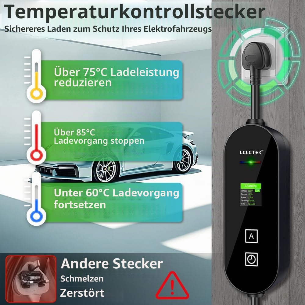 5m Typ 2 Ladekabel Schuko Stecker 3.68kW [1-phasig,8A～16A], EV Chargers mit Steuerbarer Digitalanzeige für PHEV/EV, EV Ladegerät Mobile wallbox ladekabel Auto typ 2 schuko tecker