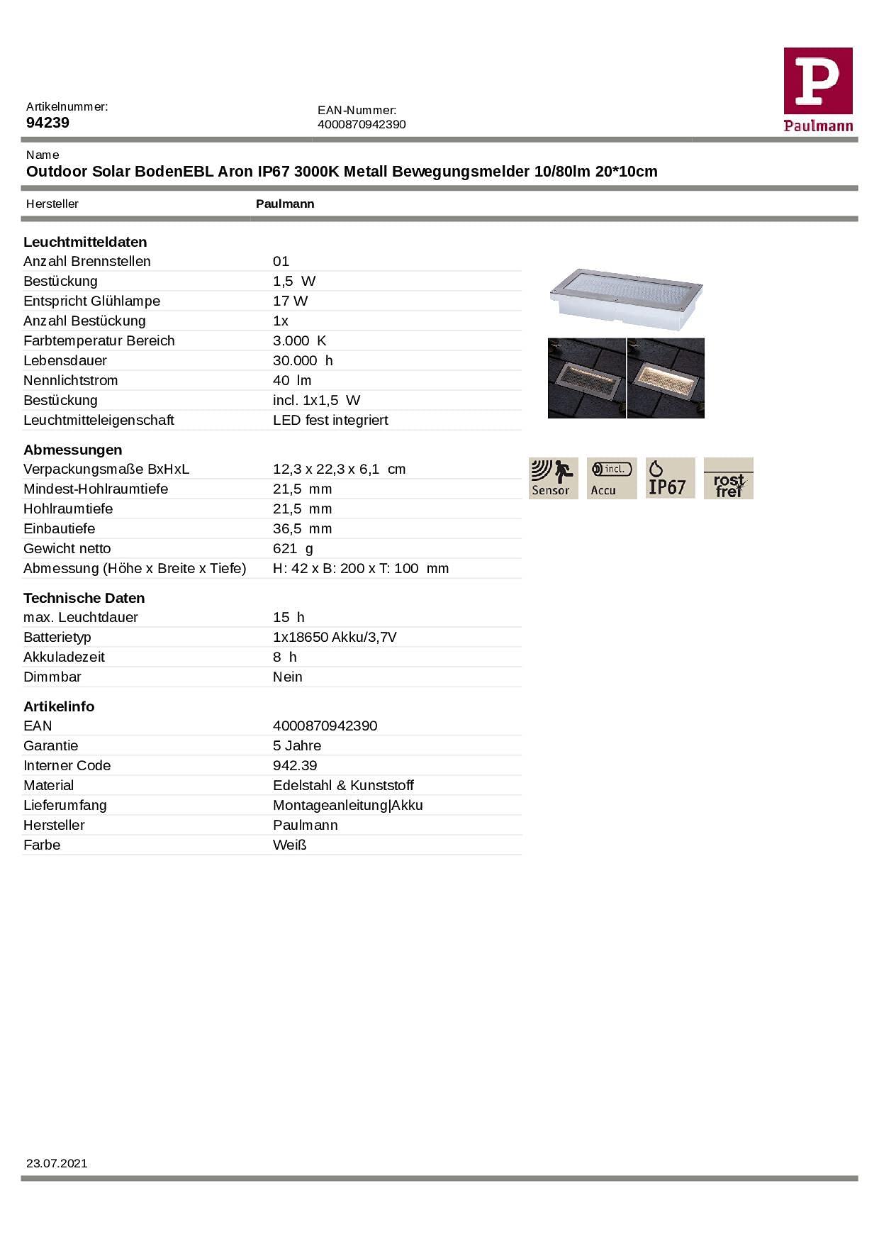 Paulmann 94239 Solar Bodeneinbauleuchte Aron LED Außenleuchte eckig incl. 1x1,5 Watt Schwarz Edelstahl, Kunststoff 3000 K Warmweiß