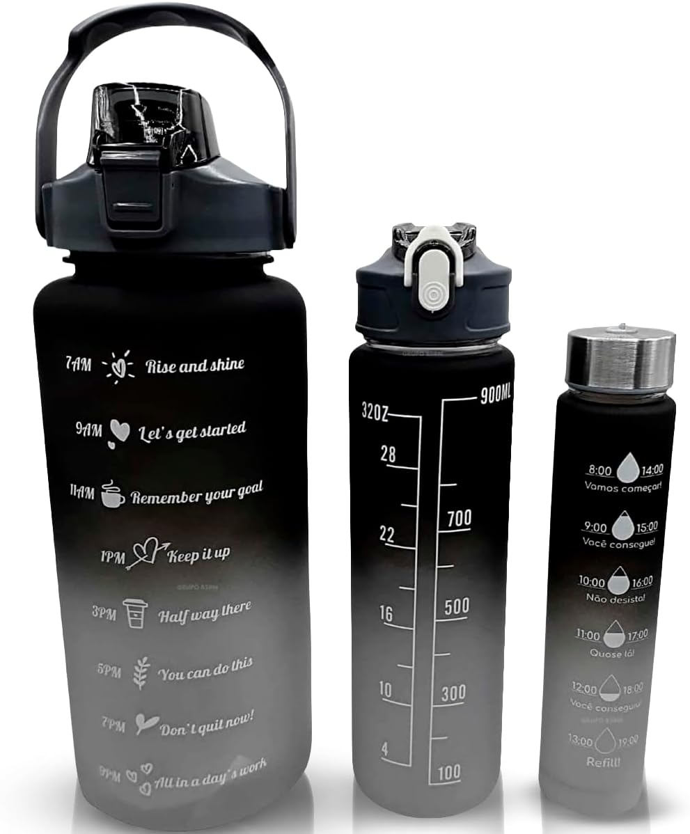 Kit 3 Garrafas de Água Motivacionais 2L 900ml 300ml com Canudo e Tampa Antivazamento Ideal para Trabalho, Academia e Viagem, cores sortidas.