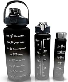 Kit 3 Garrafas de Água Motivacionais 2L 900ml 300ml com Canudo e Tampa Antivazamento Ideal para Trabalho, Academia e Viagem, cores sortidas.