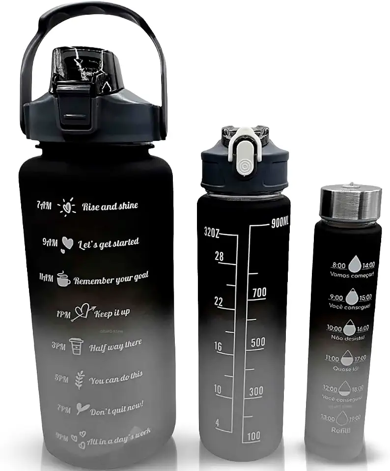 Kit 3 Garrafas de Água Motivacionais 2L 900ml 300ml com Canudo e Tampa Antivazamento Ideal para Trabalho, Academia e Viagem, cores sortidas.