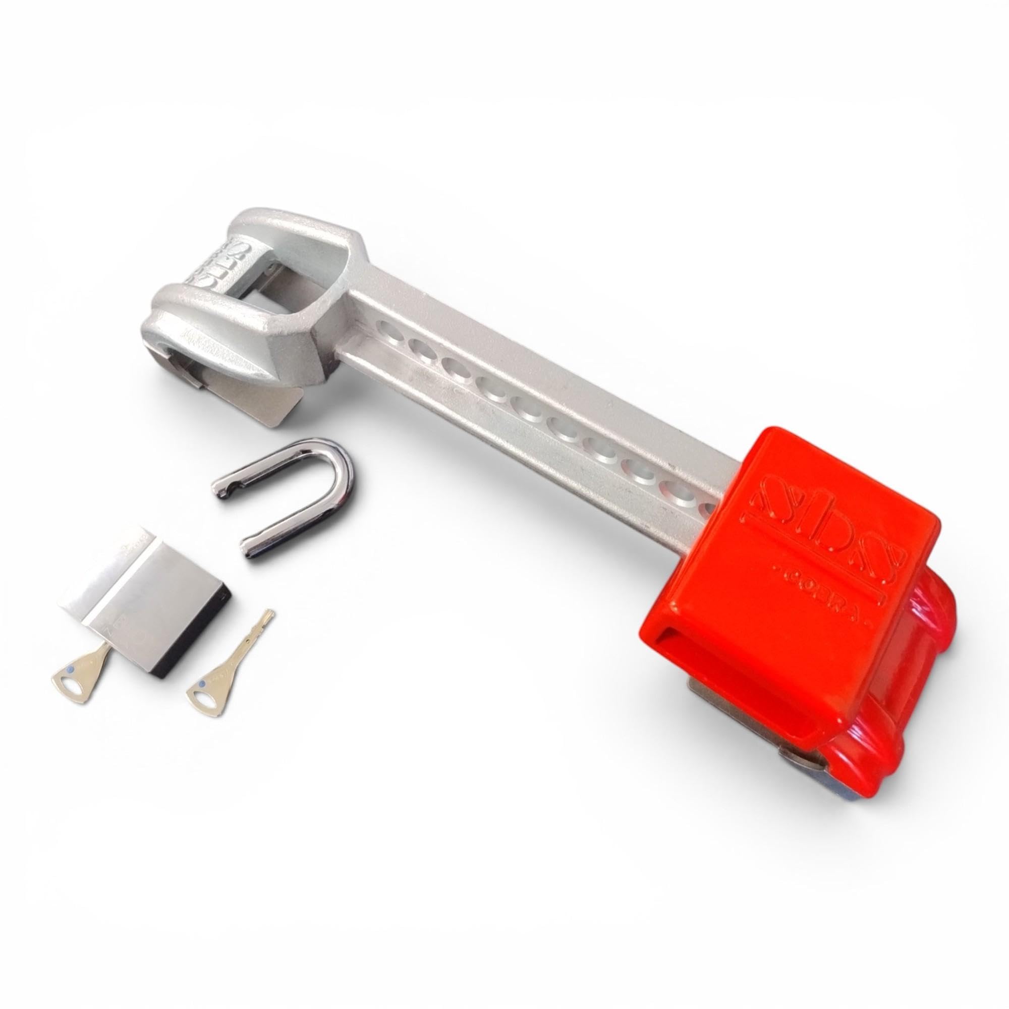 PVS, Zabezp. SBS COBRA, Kłódka ABLOY PL358, Reg. 230-460 mm, Czerwona | Stal ocynkowana, Regulacja 230-460 mm, Kłódka ABLOY PL358 EN kl.5, Do kontenerów i naczep prętowych, Szybki montaż, Czerwona