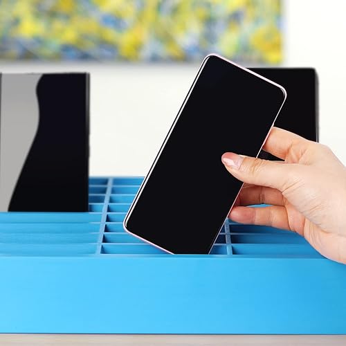 Miniatura 5 de Ozzptuu Soporte de madera para teléfono celular de 30 rejillas, organizador de escritorio, caja de almacenamiento para aula y oficina (blanco 30