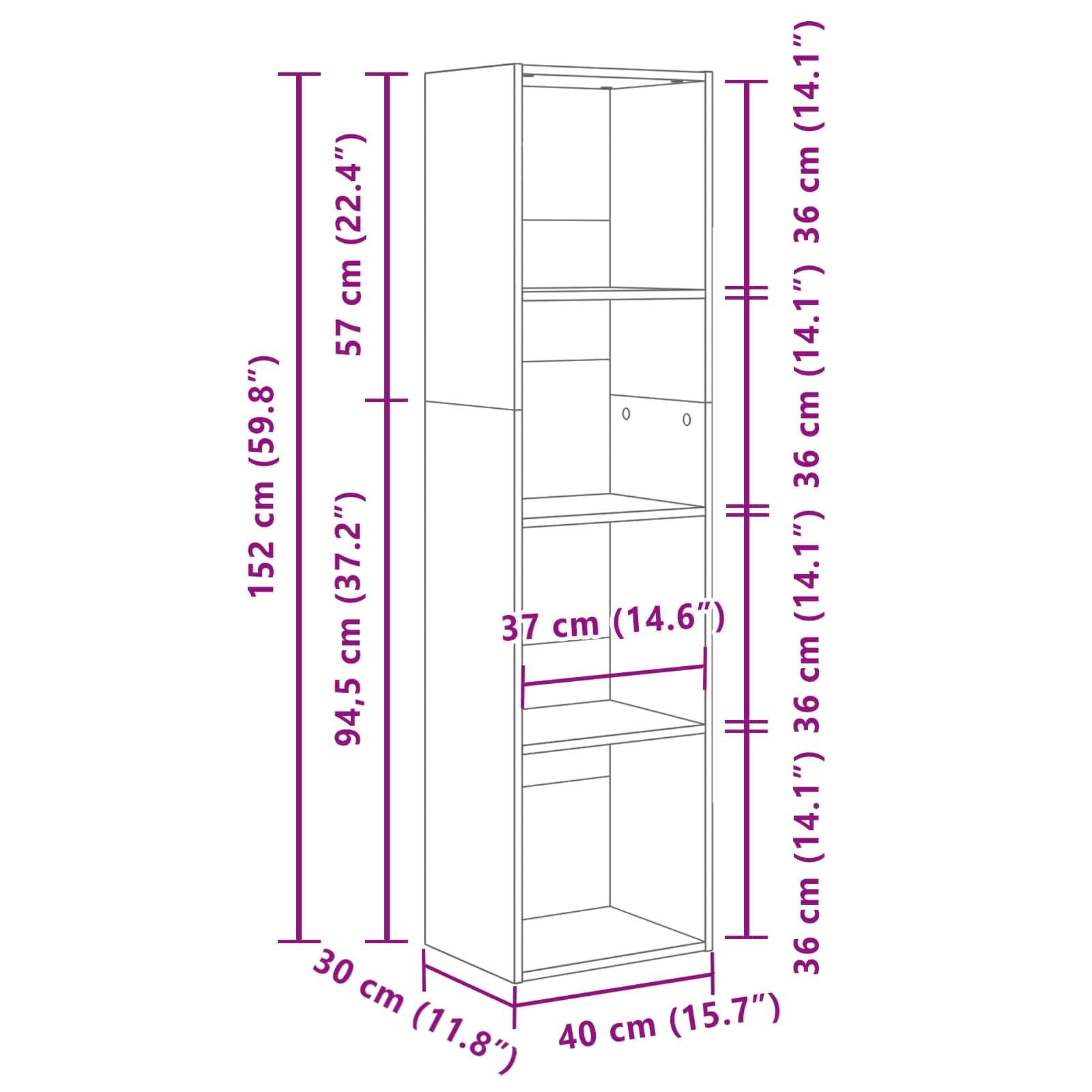 Bücherregal Schwarz Eichen-Optik Holzwerkstoff 40 x 30 x 152 cm Standregal mit 4 Regalböden und Stauraum, vielseitiges Regalsystem für Wohnzimmer Schlafzimmer Büro Ablage und Deko