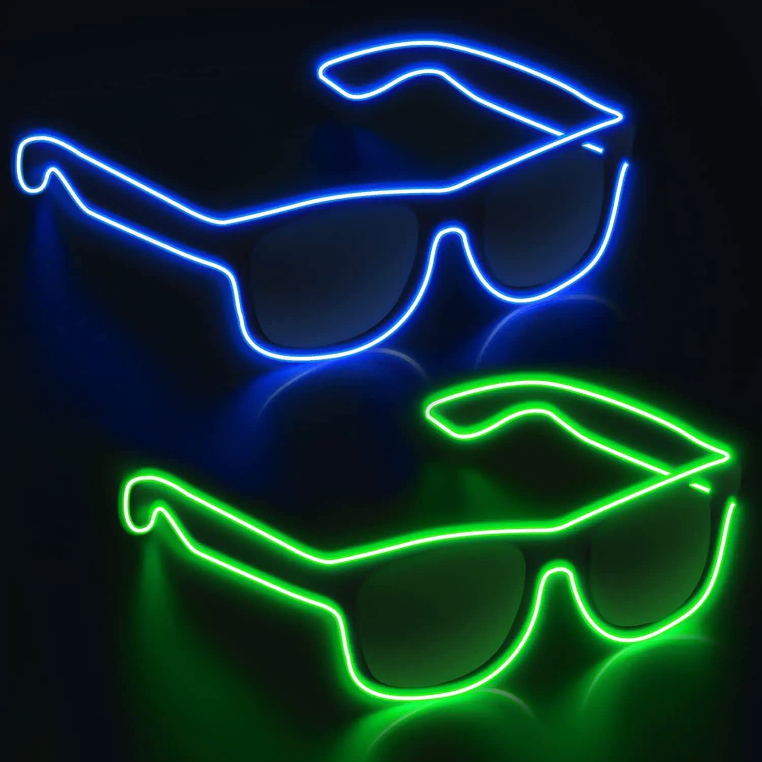 Excefore Luminous LED Glasses Glow in the Dark 2 Packs Light up glasses for Rave Party, EDM, Disco, Concert with EL Wire Flashing and Blinking Modes, Green & Purple