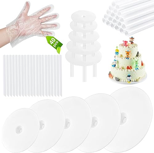 Aufind Juego de 85 varillas de plástico para tartas, 20 varillas de soporte de plástico blanco con 5 placas separadoras de pasteles para pasteles de