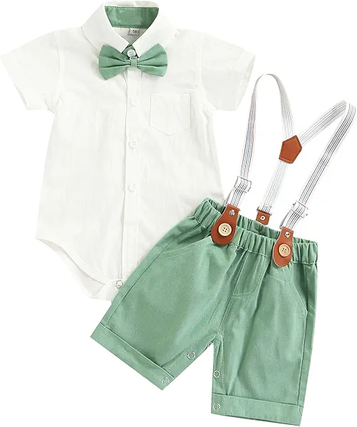 Qiylii Infant Baby Boys Short Sleeve Bowtie Buttons Bodysuit Shirts Suspender Shorts Casual Summer Clothes