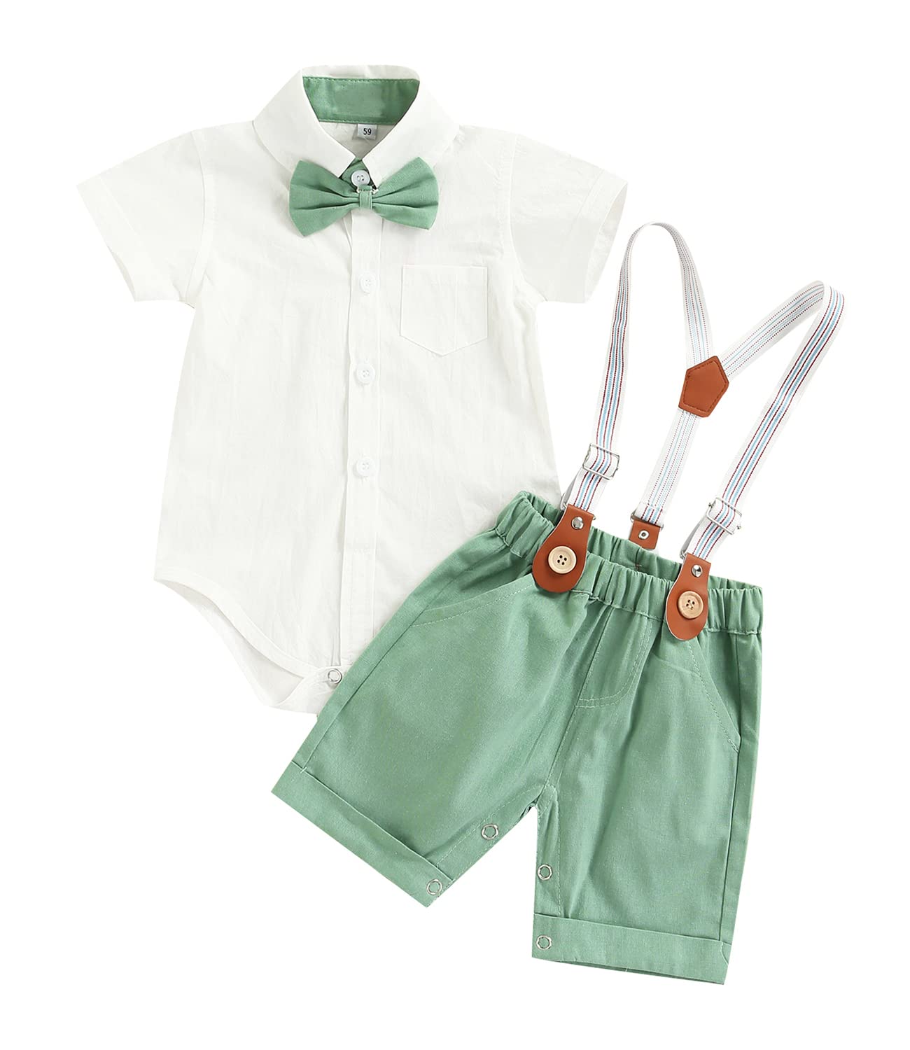 Qiylii Infant Baby Boys Short Sleeve Bowtie Buttons Bodysuit Shirts Suspender Shorts Casual Summer Clothes (Green, 0-3 Months)