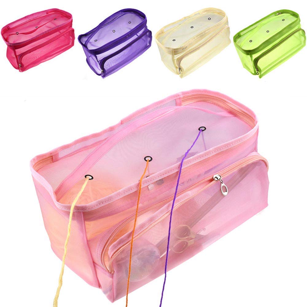 BFYDOAA Yarn Storage Case with 3 Thread Holes, Portable Knitting Crochet Mesh Bag Sewing Accessories Organizer for Household, Gift to Beginner Crafter(Pink)