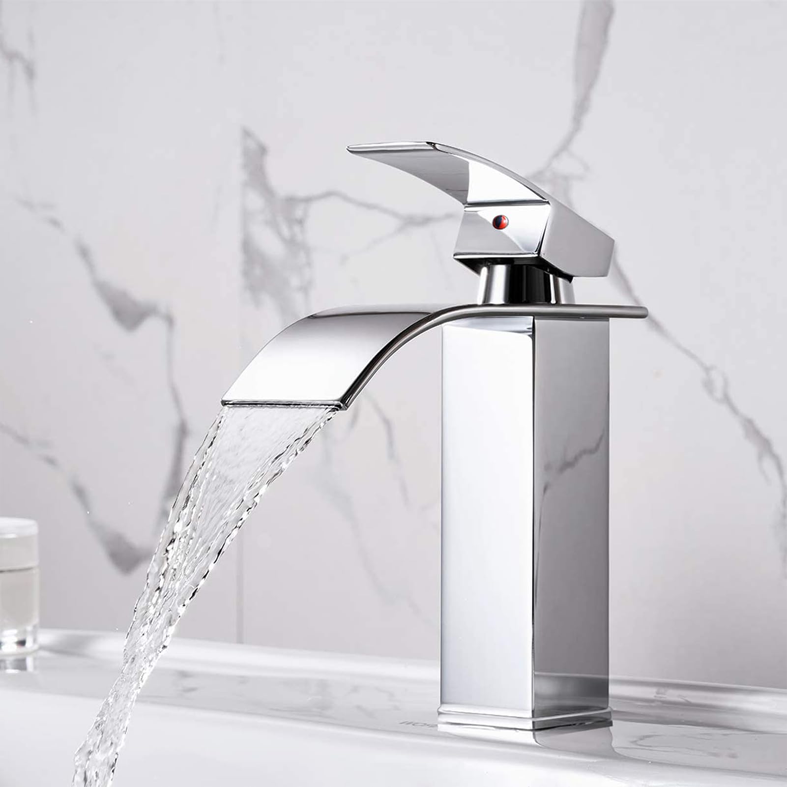 XWIHTR Rubinetto da bagno a cascata, rubinetto per lavabo, rubinetto per lavabo a una maniglia; bocca calda e fredda, silenzioso, rubinetto da bagno in ottone in acciaio inox (cromo)