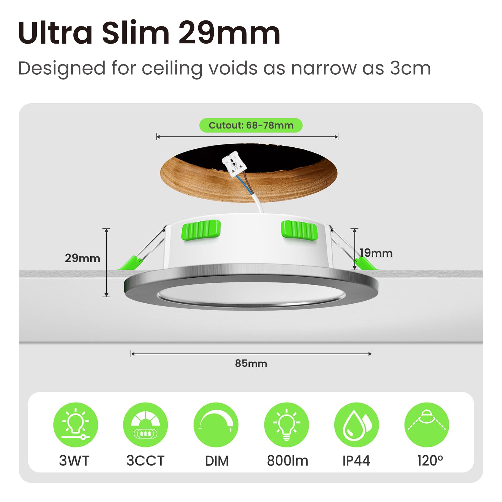 ALUSSO LIGHTING 4W/6W/8W Ściemniany Punkt LED, 230V, 3CCT 3000K/4000K/6500K, Możliwość Zmiany, Reflektor LED Extra Piatto 29 mm, łazienkowy IP44, Nikiel Satynowy, Zestaw 10 Sztuk
