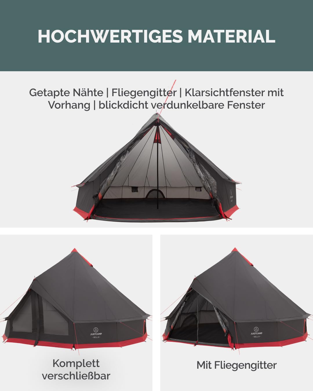 JUSTCAMP Bell Tipi Tentes - Tente de Camping extérieure 4/8 / 10/12 Personnes/Places, 4 Saisons, familiale, imperméable, Premium XXL géante - Gris/Menthe