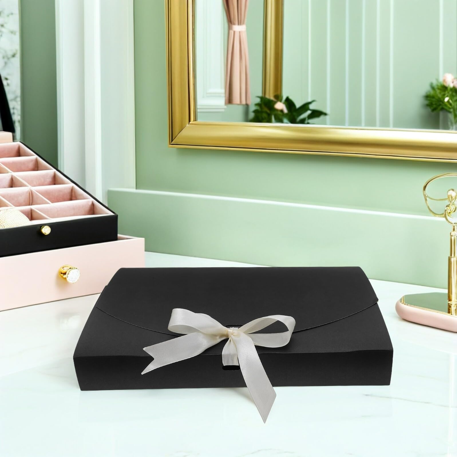 Healeved 20 Stück Schwarze Geschenkbox aus Papier für Schals und Handtücher Vielseitige Geschenkverpackung für Weihnachten und Reisen Elegante Schleifenverzierung