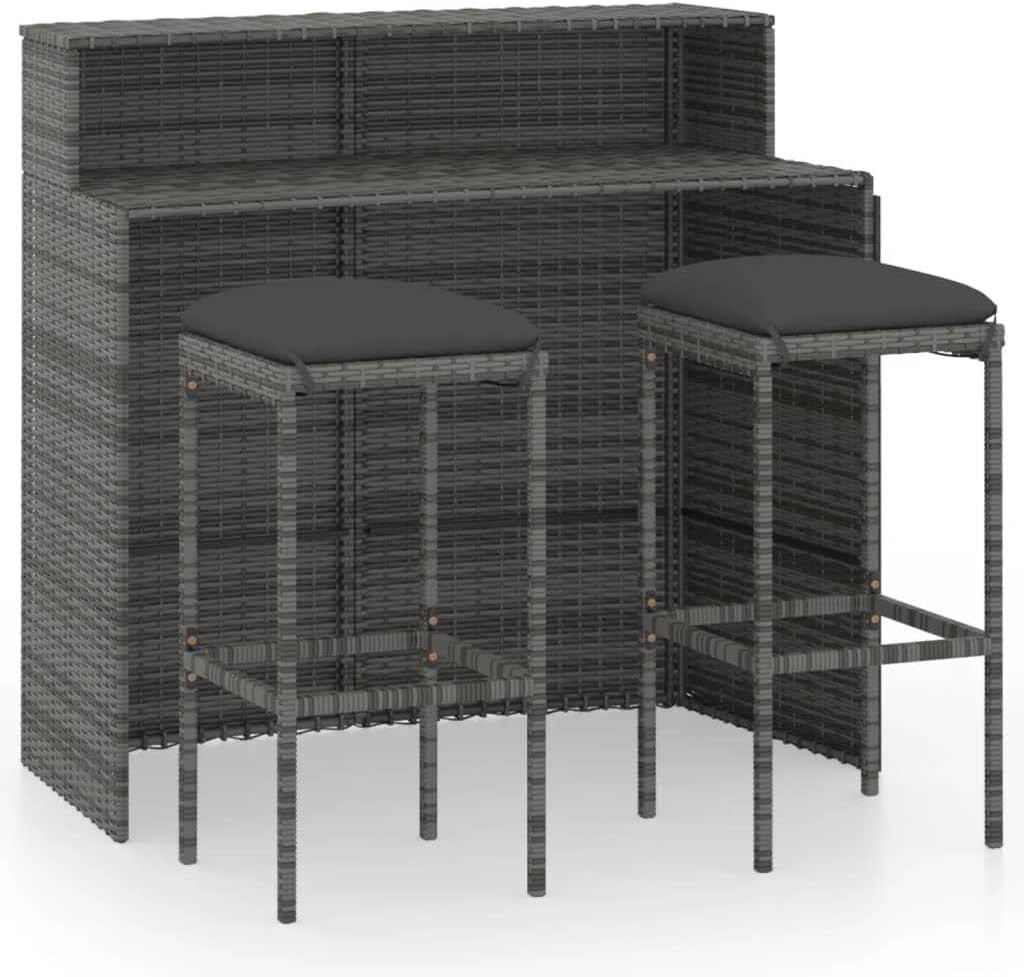 3 Piece Garden Bar Set with Cushions Gray