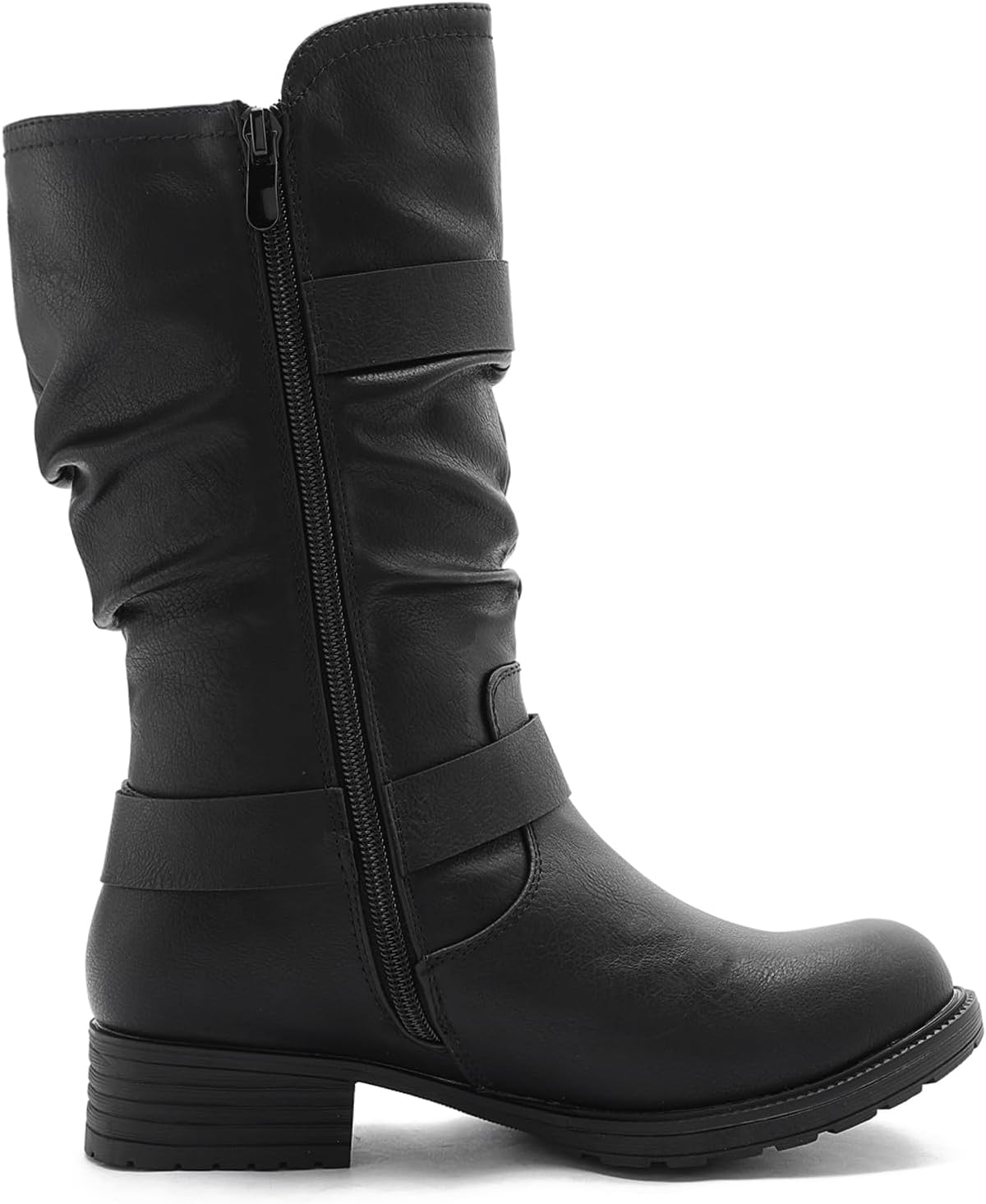GLOBALWIN Women’s Mid Calf Boots Fashion Moto Boots For Women With Buckle Straps, Side Zipper, And Low Block Heel – Biker Boots For Fall Spring Winter
