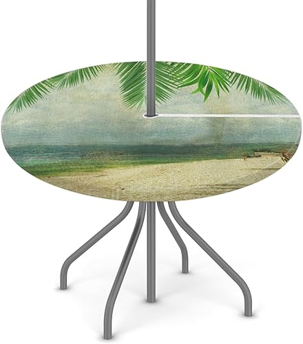 Mantel redondo con diseño de hojas de palma de playa para exteriores con agujero para sombrilla y cremallera, mantel ajustable con borde elástico,