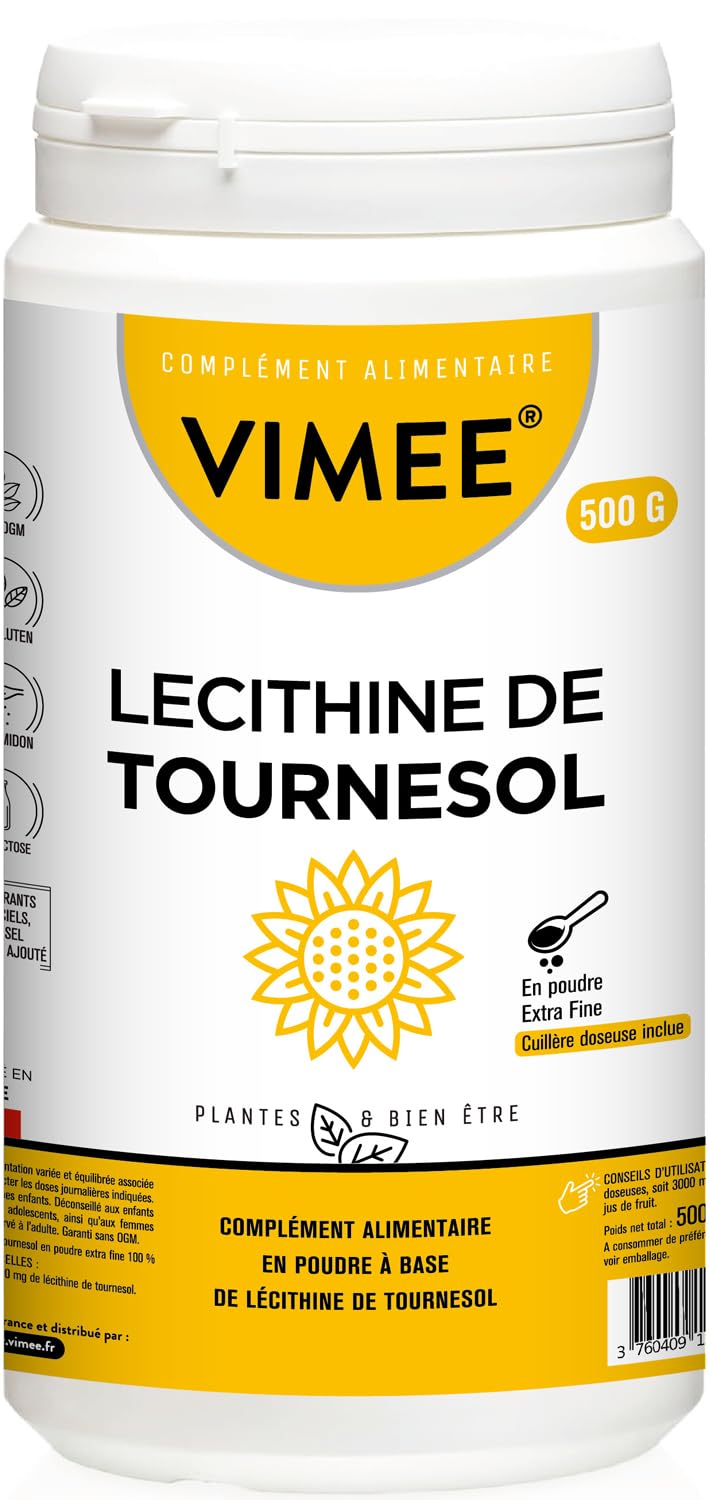 Lécithine de Tournesol en Poudre Vimee - Complément et Additif Alimentaire à Base de Phospholipides de Tournesol - Foie, Cerveau - 500 G - 500 Jours