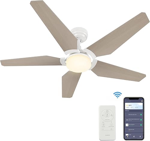 SMAAIR Ventilador de techo inteligente de 5 aspas para exteriores con kit de luz regulable y motor de CC de 10 velocidades, funciona con control