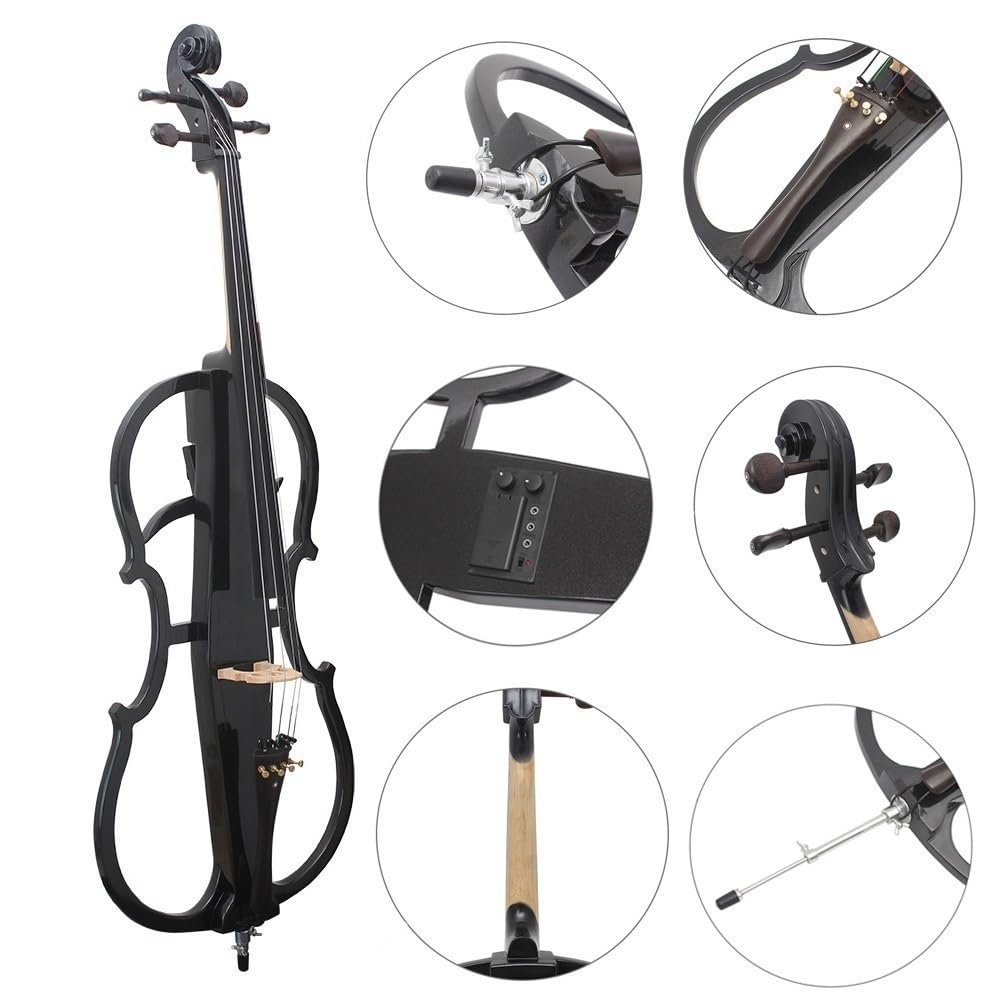 Violonchelo electrónico 4/4 negro Violonchelo eléctrico profesional Madera maciza Cuerpo de madera de arce Accesorios de ébano Instrumento musical con estuche Sintonizador de puente de arco
